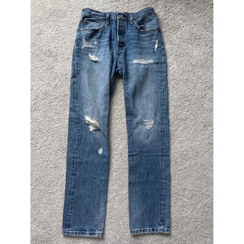 Levis 501 Anniversary Edition Mens 28x32 Medium Wash‎ Distressed Straight Jeans